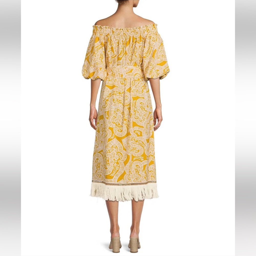 Off-Shoulder Yellow Paisley Midi Dress with Fringe - Picture 2 of 13